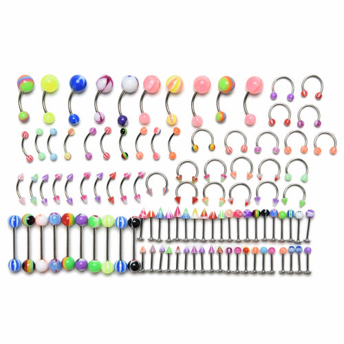100Pcs Women Body Jewelry Eyebrow Navel Belly Lip Tongue Nose Piercing Bar Ring Jewelry