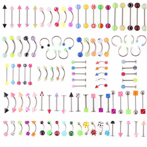 105Pcs Body Jewelry Eyebrow Navel Belly Lip Tongue Nose Piercing Bar Ring