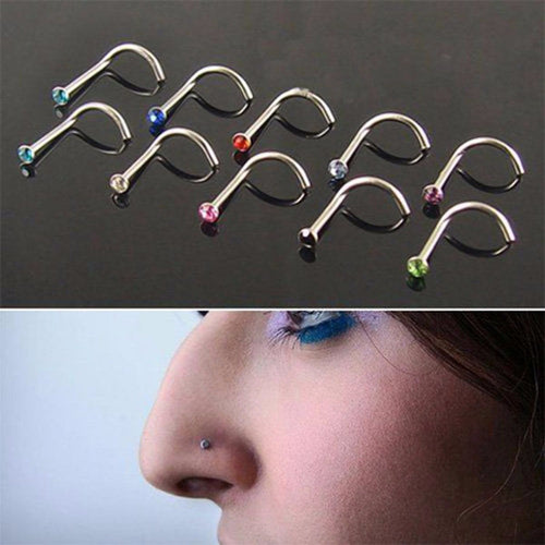 10Pcs Mix Colors Rhinestone Hook Bone Bar Pin Piercing Jewelry Nose Studs Rings