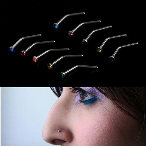 10Pcs Rhinestone Stainless Steel Screw Nose Hoop Ring Stud Body Piercing Pretty