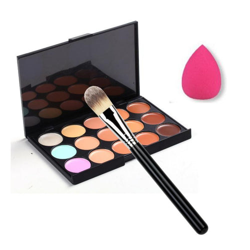 15 Color Concealer Palette + Makeup Brush + Cute Pink Sponge Puff Makeup Contour Palette Primer Makeup Corrector Brand