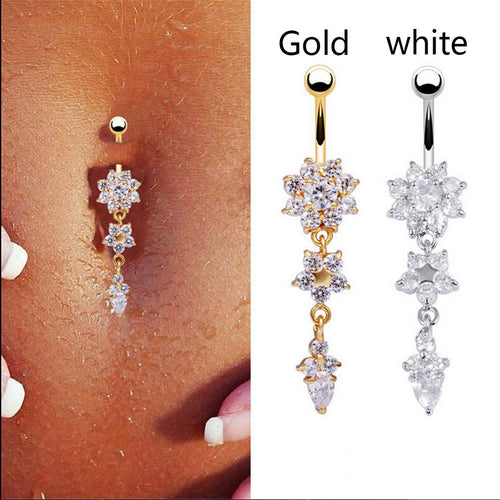 18K Gold Plated Dangle Flower AAA Crystal CZ Navel Bell Button Rings Sexy Body Piercing Navel Body Jewelry