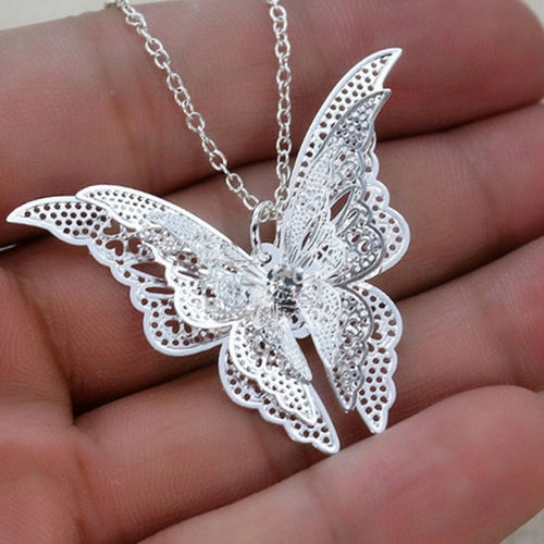 3 Layer 3D Crystal Rhinestone Silver Plated Butterfly Long Necklaces Sweater Pendants Collars Jewelry