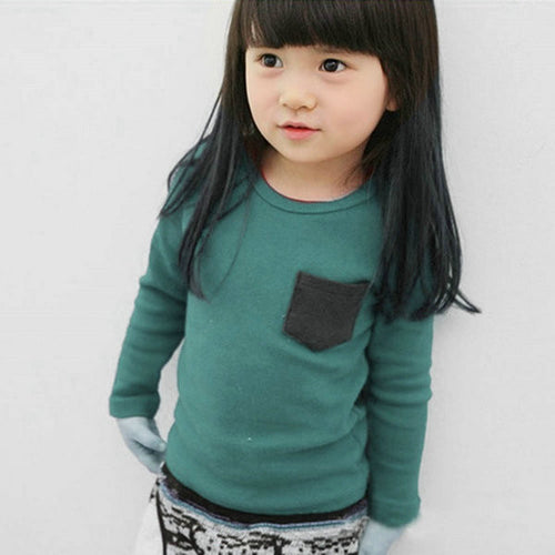 2-7Y Baby Kids Boys Girls Unisex Long Sleeve Clothes Crewneck Children T-shirts Pocket Decor Shirt Clothing PY1