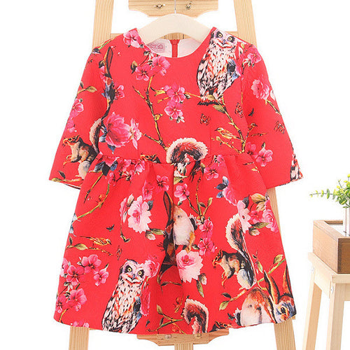 2-8Y New Kids Children Girls Floral Owl Print Princess Dress One Piece Party Dresses