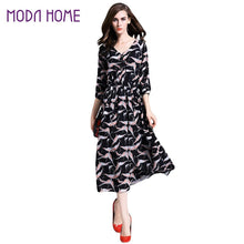 34 Sleeve V-neck Elegant Dress Women Print Elastic Waist Vintage Dress Women Casual Long Dress With Botton