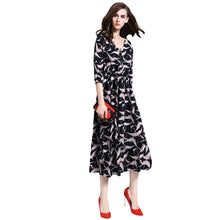 34 Sleeve V-neck Elegant Dress Women Print Elastic Waist Vintage Dress Women Casual Long Dress With Botton