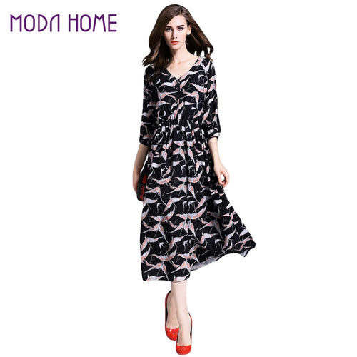 34 Sleeve V-neck Elegant Dress Women Print Elastic Waist Vintage Dress Women Casual Long Dress With Botton