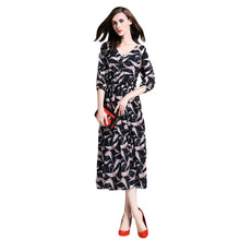 34 Sleeve V-neck Elegant Dress Women Print Elastic Waist Vintage Dress Women Casual Long Dress With Botton