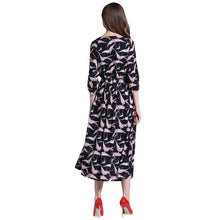 34 Sleeve V-neck Elegant Dress Women Print Elastic Waist Vintage Dress Women Casual Long Dress With Botton