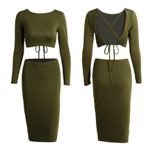 2 piece Women Sexy Crop Top O Neck Long Sleeve Backless Bandage Dress Slim Fit Ladies Club Midi Dresses