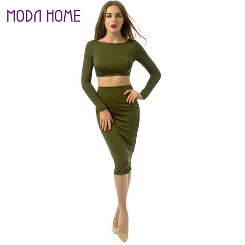 2 piece Women Sexy Crop Top O Neck Long Sleeve Backless Bandage Dress Slim Fit Ladies Club Midi Dresses