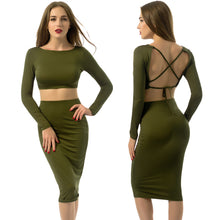 2 piece Women Sexy Crop Top O Neck Long Sleeve Backless Bandage Dress Slim Fit Ladies Club Midi Dresses
