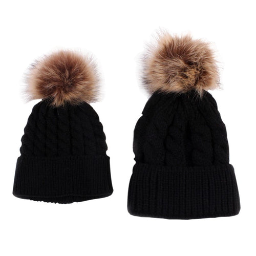 2pcss Baby & Mother Knitted Cotton Hat Family Boy Girl Toddler Adult Cute Crochet Beanies Fur Ball Kids Hats for Caps