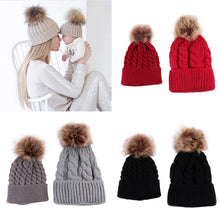2pcss Baby & Mother Knitted Cotton Hat Family Boy Girl Toddler Adult Cute Crochet Beanies Fur Ball Kids Hats for Caps