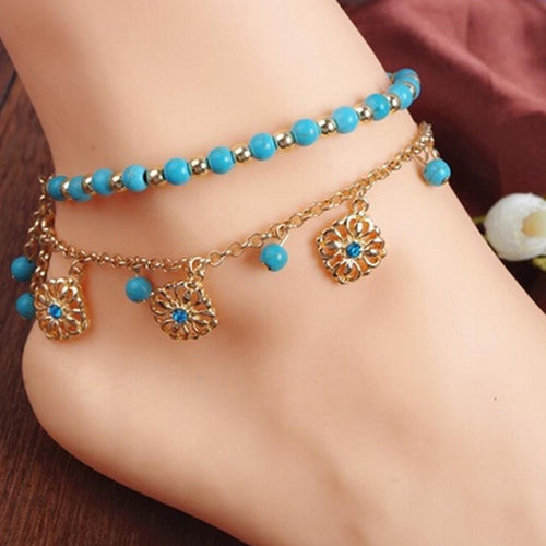 2Pcs Punk Boho Turquoise Beads Anklets Gold Plated Tassels Bracelet Womens Foot Chain Anklet Bracelet Foot Jewelry for women