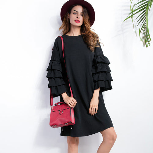 34 Multilayered Sleeve Womens Loose Dress Solid Round Neck Casual Plus Size Vestido Elegant Ladies Ukraine Dress Black