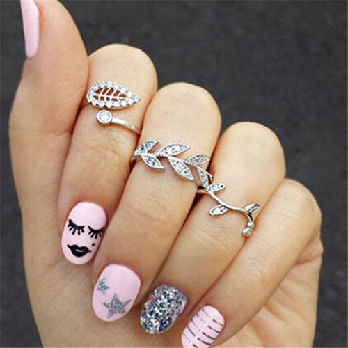 3 pc Gold Silver Sweet Rhinestone Leaf Knuckle Top of Finger Rings for women midi ring set