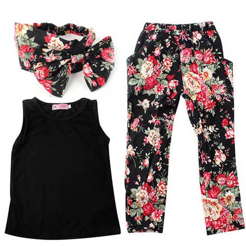3 Pieces Girls Baby Clothing Sets Sleeveless Shirt / Tops + Floral Pants + Headband Vogue Clothes 2-7Years