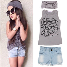 3 pieces Toddler Kids Baby Girl Outfits Sets Headband + Top T-shirt + Jeans Pants Clothes Set 2-6 Years