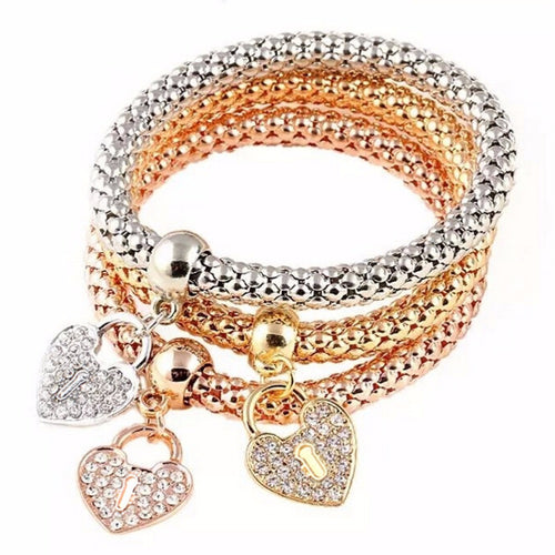 3Pcs Gold Filled Heart Charm Elastic Bracelets For Womens Bracelet Cute Multilayer Bangles