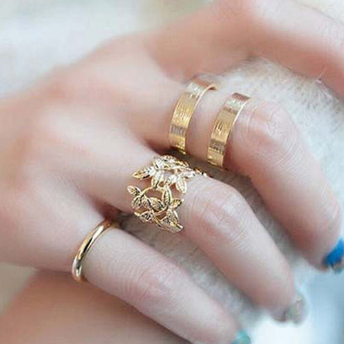 3pcs/ lot Punk Metal Gold/Silver Leaf Rings For Women Hollow Out Leave Band Midi Finger Knuckle Ring Set