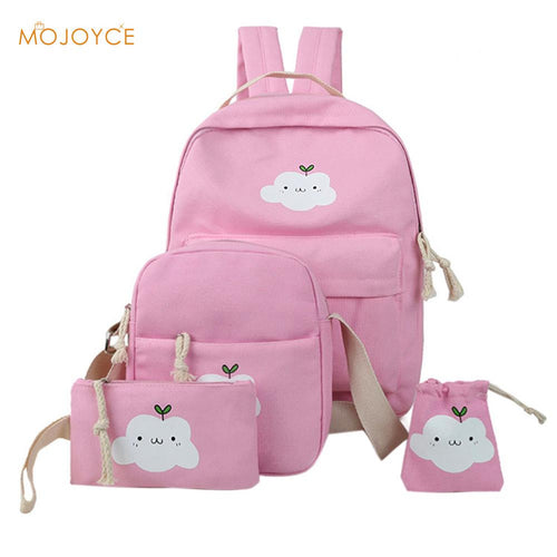 4 pcKorean Cute Cloud Printing Women Backpack CanvaBackpack for Teenage GirlStudent School Bag Travel Rucksack Mochila