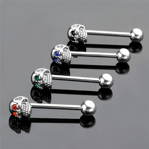 4Pcs 316L Stainless Steel CZ Gem Punk Skull Tongue Ring Barbell Piercing Body Jewelry