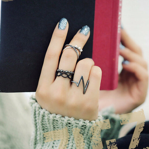 4pc Punk Women Black Silver Above Band Midi Knuckle Ring Women jewelry