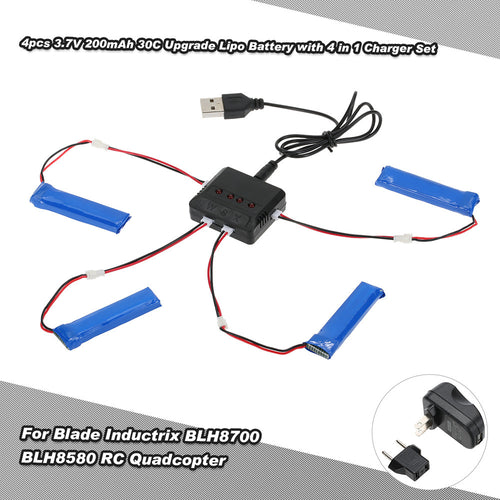 4pcs 37V 200mAh 30C Upgrade Lipo Battery with 4 in 1 Charger Set for Blade Inductrix Tiny Whoop BLH8700 BLH8580 RC Quadcopter