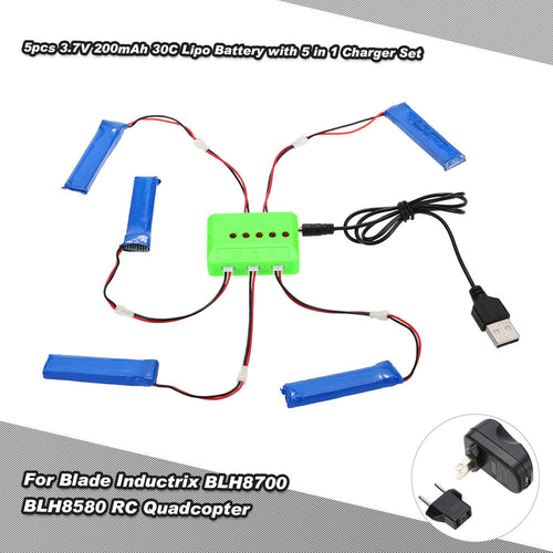 5pcs 37V 200mAh 30C Upgrade Lipo Battery with 5 in 1 Charger Set for Blade Inductrix Tiny Whoop BLH87008580 RC DroneQuadcopter