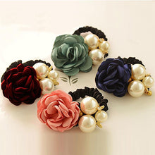 6 Color Elastic Hair Bands Women Satin Ribbon Rose Flower Pearls Hairband Ponytail Holder Hair Band Valentine's Gifts