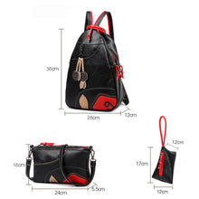 3 Women Backpack Set PU Leather Leaf Applique Schoolbag for Teenagers Girls Student Travel Bag Black Mochilas Escolares
