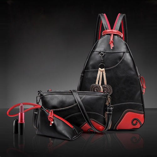 3 Women Backpack Set PU Leather Leaf Applique Schoolbag for Teenagers Girls Student Travel Bag Black Mochilas Escolares