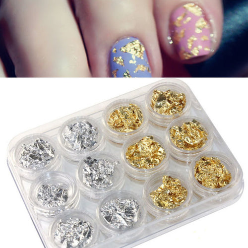 12pc Nail Art Gold Silver Paillette Flake Chip Foil DIY Acrylic UV Gel Stickers for Women Lady Beauty 1 set