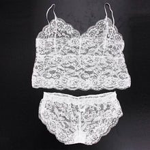 2pc Sexy Clothing Women Lace Strap Translucent Lace Crop Tops Tank Top+Briefs Underwear Sleepwear Club Suit