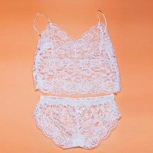 2pc Sexy Clothing Women Lace Strap Translucent Lace Crop Tops Tank Top+Briefs Underwear Sleepwear Club Suit
