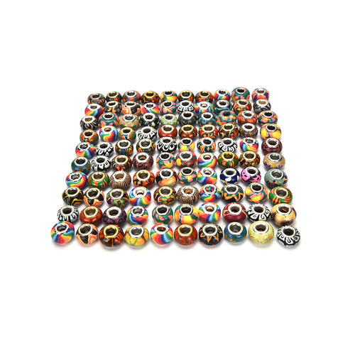 100Pcs Mixed Color Silver Plated Big Hole Loose Beads Fit European Jewelry Braclet Charms DIY