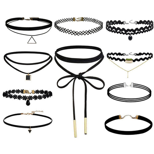10Pcs Black Gothic Punk Velvet Tattoo Lace Choker Necklace Long Pendant Jewelry Women Collar Chocker