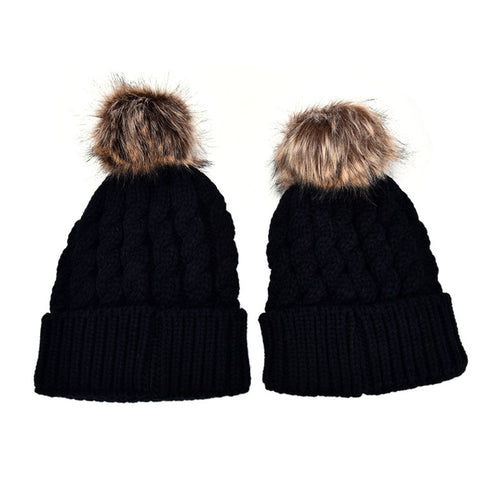 2Pcs Mother Kids Child Baby Warm Knit Beanie Pom Hat Crochet Ski Cap 6 Colors