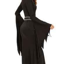 3 Pieces Sets Women Witch Halloween Costume Ruched Flare Sleeve Side Split Sexy Gothic Dress Black Role Play Uniform