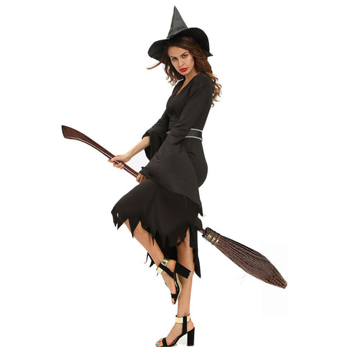 3 Pieces Sets Women Witch Halloween Costume Ruched Flare Sleeve Side Split Sexy Gothic Dress Black Role Play Uniform