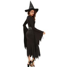 3 Pieces Sets Women Witch Halloween Costume Ruched Flare Sleeve Side Split Sexy Gothic Dress Black Role Play Uniform