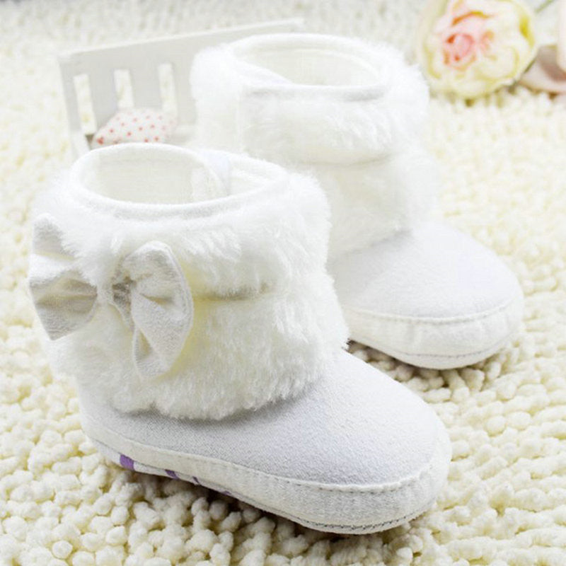 born 0-18Months Baby Girls White Bowknot Crib Shoes Toddler Soft Warm Snow Boots First Walkers