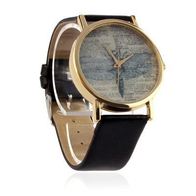 3 Colors Lady Retro Watch Women Dragonfly Dial PU Leather Band Quartz Clock Wrist Watches Alloy Watch