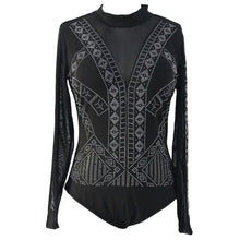 Sexy Women Sequin Bodysuit Sparkling Rhinestone Stud Mesh Splicing Playsuit Open Back Long Sleeve Bodycon Jumpsuit WhiteBlack
